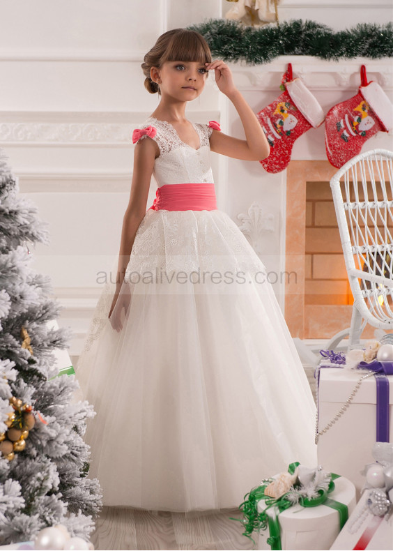 V Neck Ivory Lace Tulle Flower Girl Dress With Coral Bows